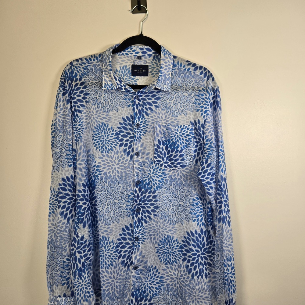 Escales Paris Mens Blue White Floral Burst Cotton Button Down Shirt L Portugal